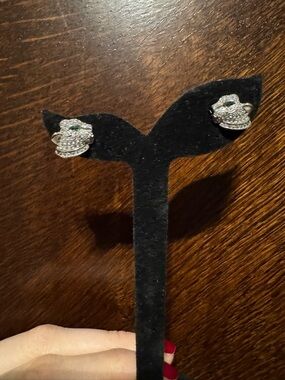 Stainless Steel Pave Panther Stud Earrings with Green Eye Accent